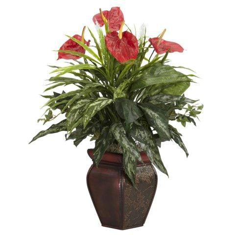 Mixed Greens and Anthurium w-Decorative Vase Silk Plant