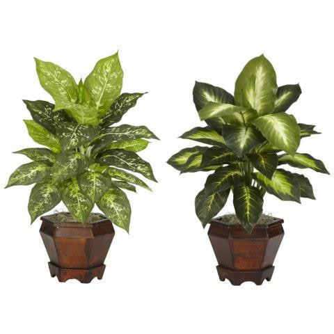 Assorted Dieffenbachia w-Wood Vase Silk Plant (Set of 2)