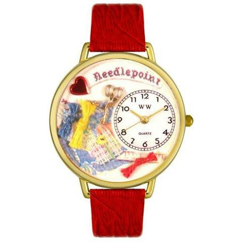 Whimsical Unisex Needlepoint Red Leather Watch