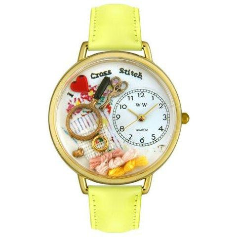 Whimsical Unisex Cross Stitch Yellow Leather Watch (Large)