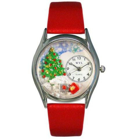 Whimsical Womens Christmas Tree Red Leather Watch