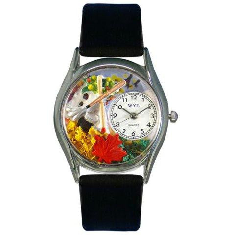 Whimsical Womens Autumn Leaves Black Leather Watch