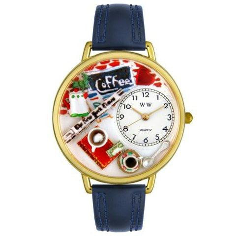 Whimsical Unisex Coffee Lover Navy Blue Leather Watch