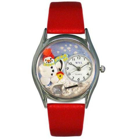 Whimsical Womens Christmas Snowman Red Leather Watch