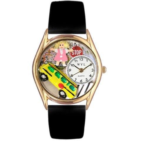 Whimsical Womens School Bus Driver Black Leather Watch