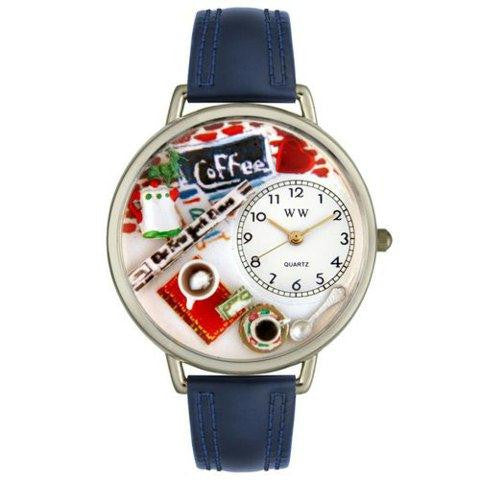 Whimsical Unisex Coffee Lover Navy Blue Leather Watch