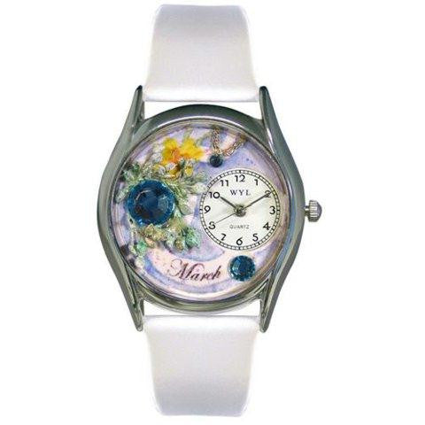 Whimsical Womens Birthstone: March White Leather Watch