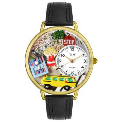 Whimsical Unisex School Bus Driver Black Skin Leather Watch