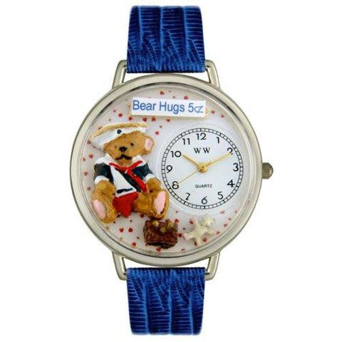 Whimsical Unisex Teddy Bear Hugs Royal Blue Leather Watch