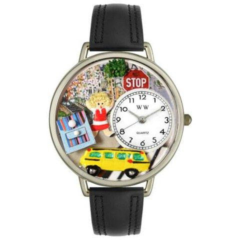 Whimsical Unisex School Bus Driver Black Skin Leather Watch