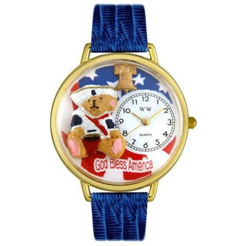 Whimsical Unisex Patriotic Teddy Bear Royal Blue Leather Watch