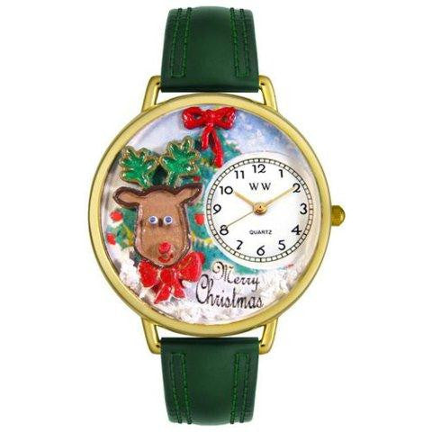 Whimsical Unisex Christmas Reindeer Hunter Green Leather Watch