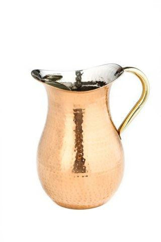 2  Qt D cor Copper Hammered Water Pitcher w-Brass Ice Guard-Handle