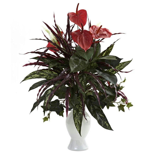 Anthurium w-Mixed Greens and White Vase