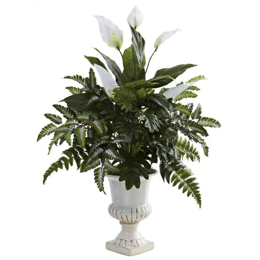 Mixed Greens and Spathyfillum w-Decorative Urn