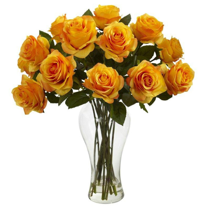 Orange Yellow Blooming Roses w-Vase