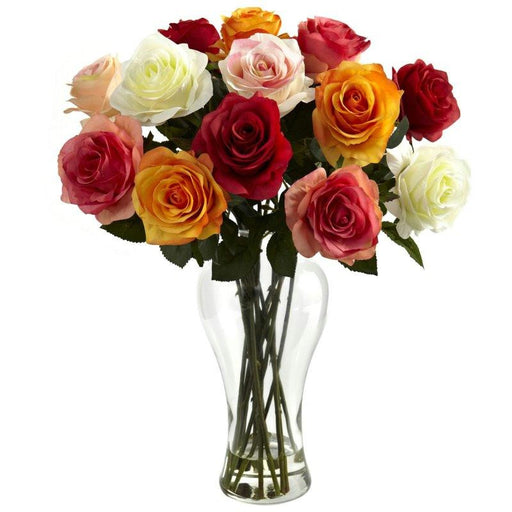 Assorted Blooming Roses w-Vase