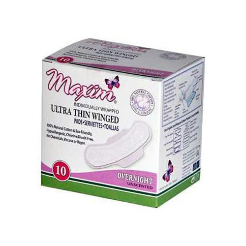 Maxim Hygiene Natural Cotton Ultra Thin Winged Pads Overnight - 10 Pads