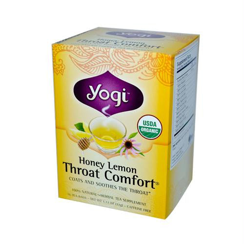 Yogi Throat Comfort Herbal Tea Caffeine Free Honey Lemon - 16 Tea Bags - Case of 6