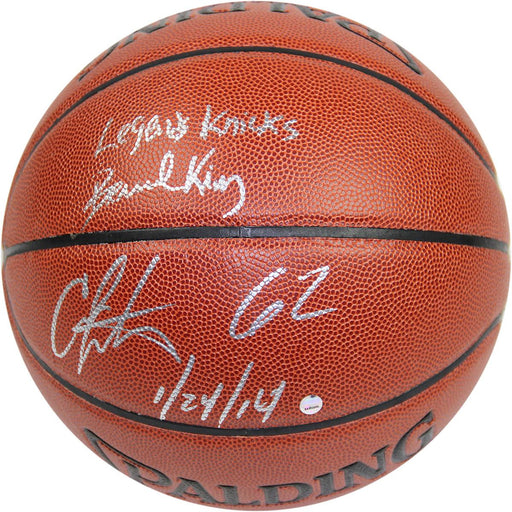 Bernard KingCarmelo Anthony Dual Signed IO NBA Brown Basketball w 62 12414 Insc By Anthony and Legends Knicks Insc By King