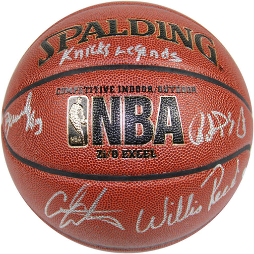 Bernard KingPatrick EwingCarmelo AnthonyWillis Reed Signed IO NBA Brown Basketball w Knicks Legends Insc