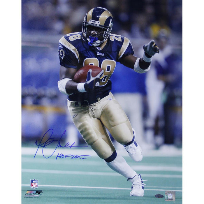 Marshall Faulk Rams Rushing Head On Vertical 8x10 Photo w HOF 20XI Insc.