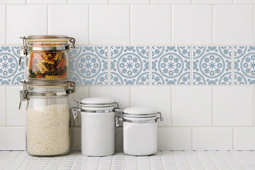 Retro Daisies Blue RETile Decal White Bkg 4 inch Tile