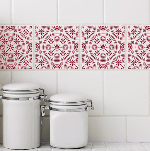 Retro Daisies Red RETile Decal Clear Bkg 4 inch Tile