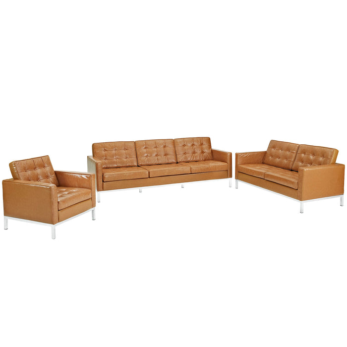 Loft Armchair Loveseat and Sofa Set Leather 3 Piece Set 1272-TAN