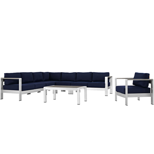 Shore 7 Piece Outdoor Patio Aluminum Sectional Sofa Set 2562-SLV-NAV