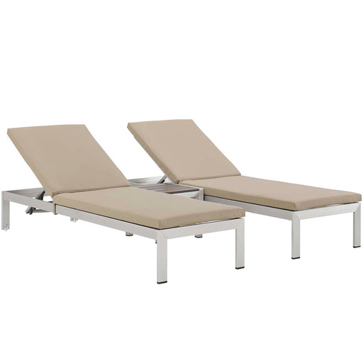 Shore 3 Piece Outdoor Patio Aluminum Chaise with Cushions 2736-SLV-BEI-SET