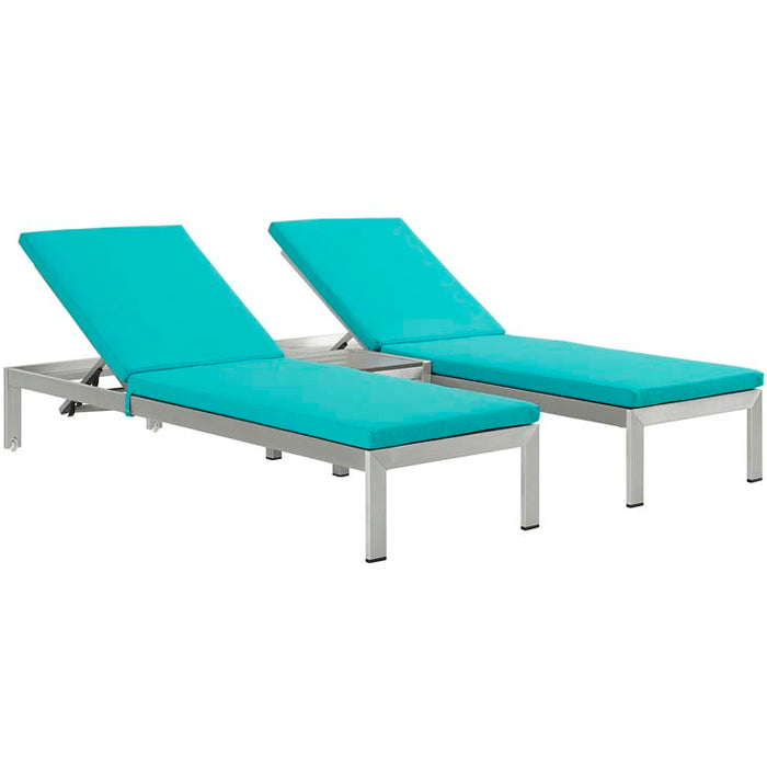 Shore 3 Piece Outdoor Patio Aluminum Chaise with Cushions 2736-SLV-TRQ-SET