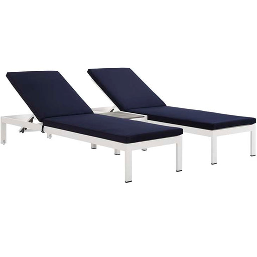 Shore 3 Piece Outdoor Patio Aluminum Chaise with Cushions 2736-WHI-NAV-SET