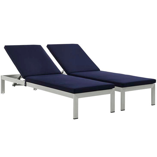 Shore Set of 2 Outdoor Patio Aluminum Chaise with Cushions 2737-SLV-NAV-SET