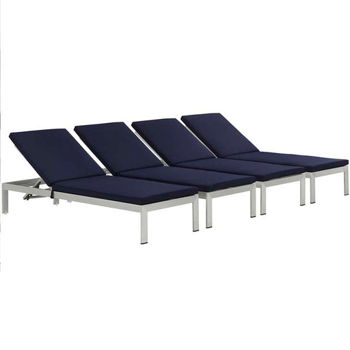 Shore Set of 4 Outdoor Patio Aluminum Chaise with Cushions 2738-SLV-NAV-SET