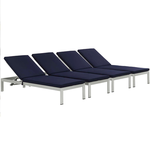 Shore Chaise with Cushions Outdoor Patio Aluminum Set of 4 2738-SLV-NAV-SET