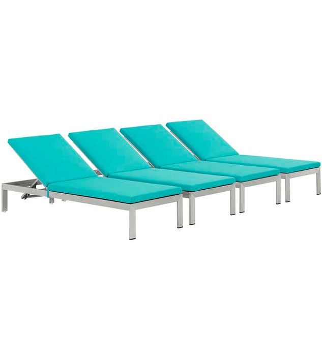 Shore Set of 4 Outdoor Patio Aluminum Chaise with Cushions 2738-SLV-TRQ-SET