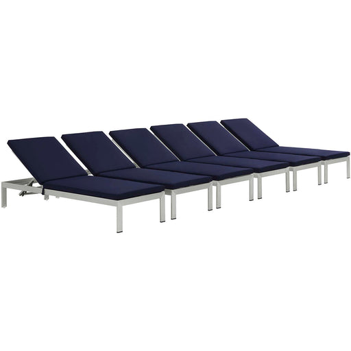 Shore Chaise with Cushions Outdoor Patio Aluminum Set of 6 2739-SLV-NAV-SET