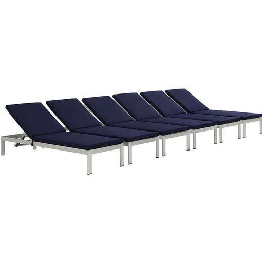 Shore Set of 6 Outdoor Patio Aluminum Chaise with Cushions 2739-SLV-NAV-SET