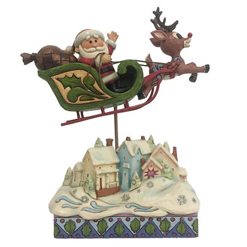 Rudolph the Red-Nosed Reindeer Sleigh Over Village Statue   