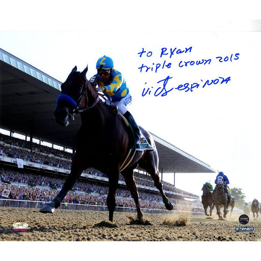 Victor Espinoza Signed American Pharoah Leads The Pack 2015 Belmont Stakes 8x10 Photo w/ "To Ryan Triple Crown 2015" Insc