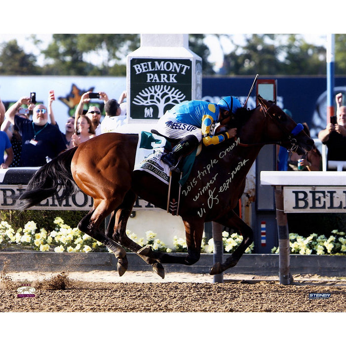 Victor Espinoza Signed American Pharoah Finish Line Celebration 2015 Belmont Stakes 16x20 Photo w/ "2015 Triple Crown Winner" Insc.