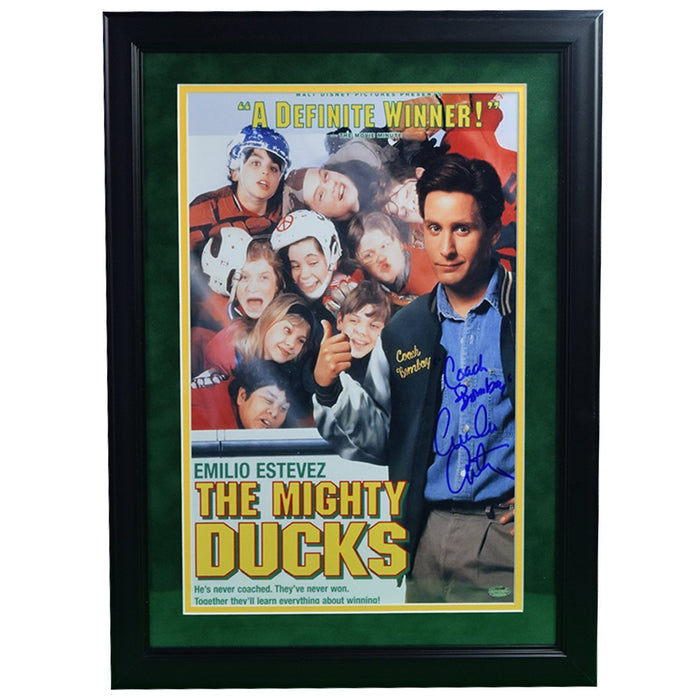 Emilio Estevez Signed and Framed 11x17 Mighty Ducks Poster "Coach Bombay" Inscription (SchwartzSports Auth)- Round Black Frame w/ Green over Yellow matte