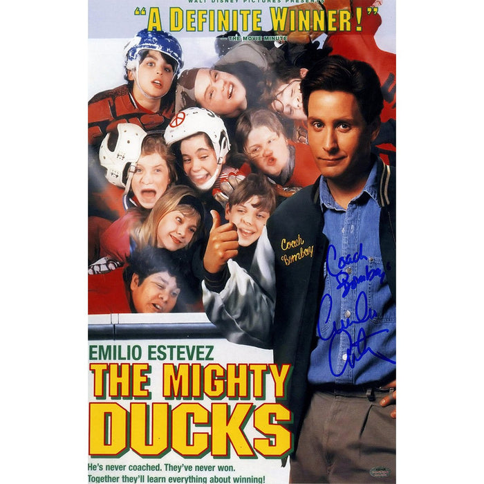 Emilio Estevez Signed 11x17 Mighty Ducks Poster "Coach Bombay" Inscription (SchwartzSports Auth)