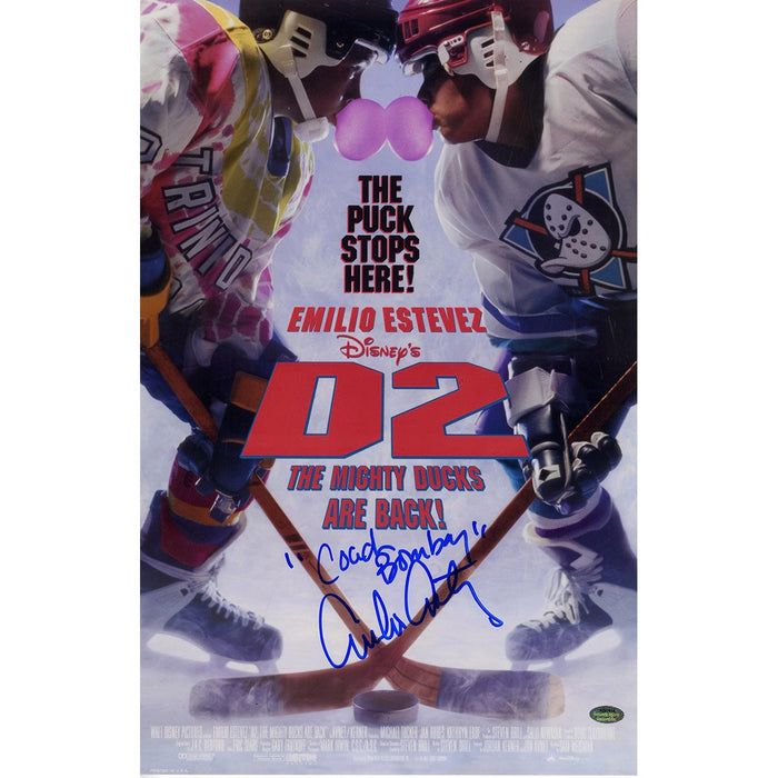 Emilio Estevez Signed 11x17 D2: Mighty Ducks Poster "Coach Bombay" Inscription (SchwartzSports Auth)