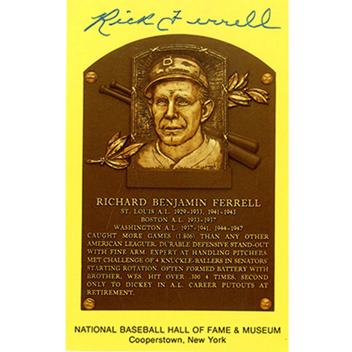 Rick Ferrell Signed Yellow Baseball Hall of Fame Plaque Card (JSA Auth)