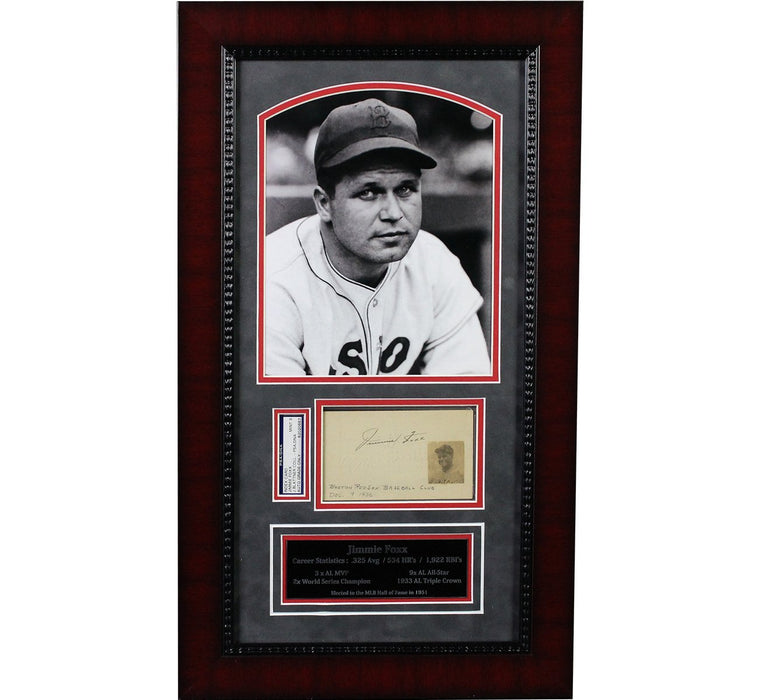 Jimmie Foxx Framed Collage with Signed Index Card - PSA/DNA Graded 9 (13x20 Cherry Frame)