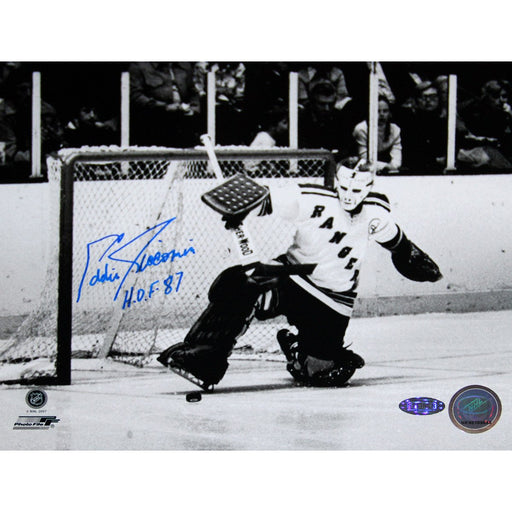 Eddie Giacomin Rangers Kick Save Close Up B/W Horizontal 8x10 Photo w/ HOF Inc.