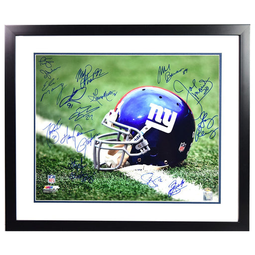 NY Giants Greats Multi Signed "Helmet" 16x20 Photo (16 Sig) Framed- Flat Black Frame w/ White over Blue  matte