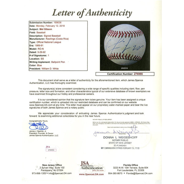 Mel Gibson Signed ONL Baseball (JSA)